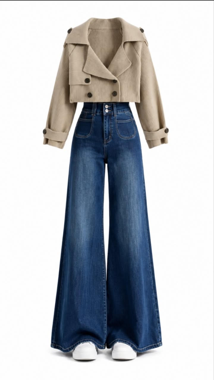 beige cropped trench jacket + wide jeans outfit chic casual look