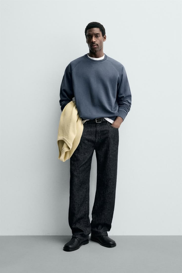 zara basic faded crewneck sweatshirt man blue